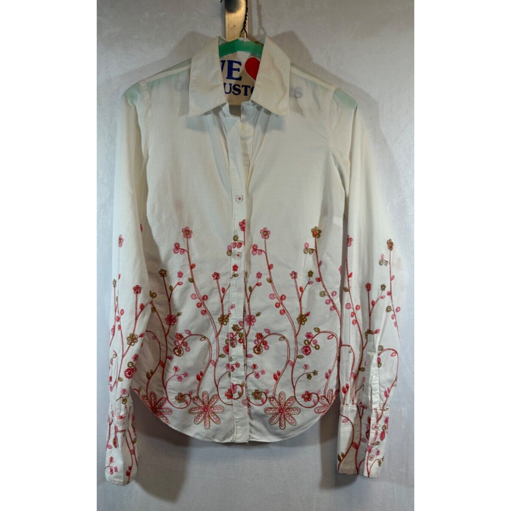 Johnny Cotton Womens Shirt S Button Up Colorful Embroidered White Floral LS D25